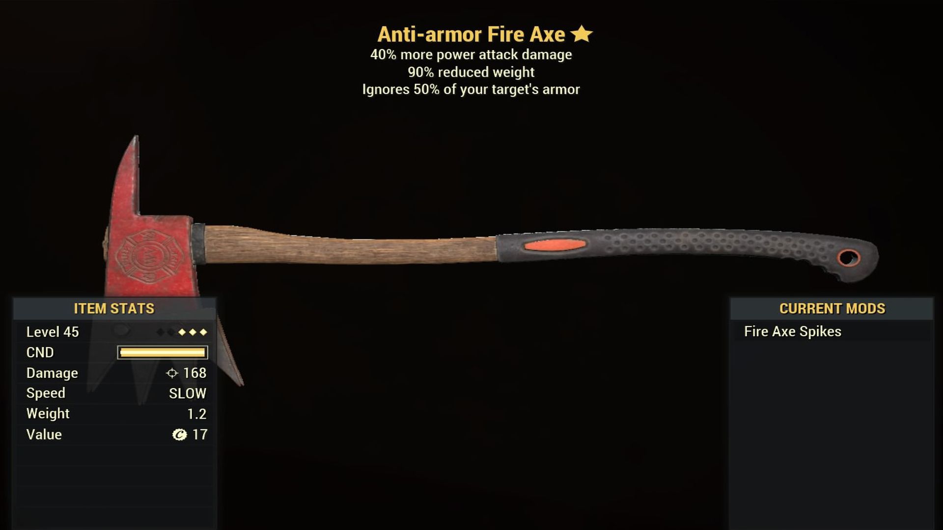 Fallout 76 Anti-armor Fire Axe - Level 45