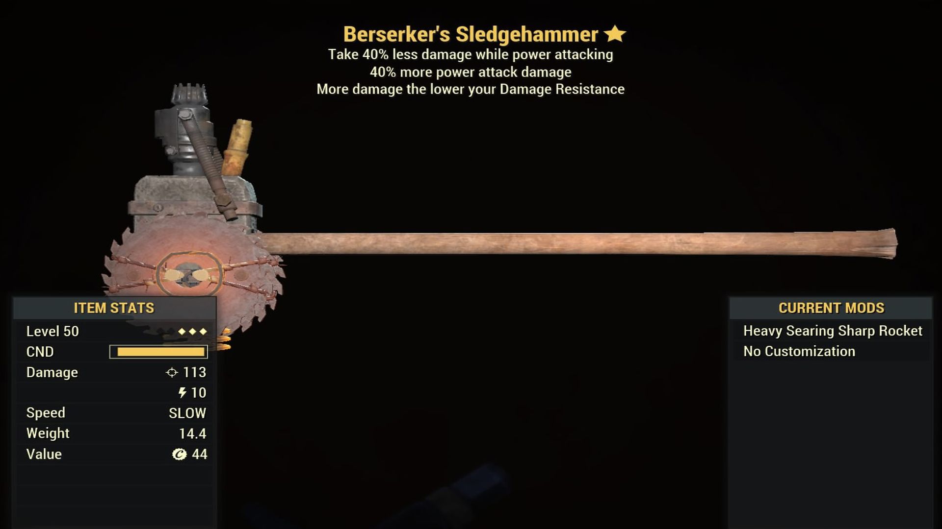 Fallout 76 Berserker Sledgehammer - Level 50