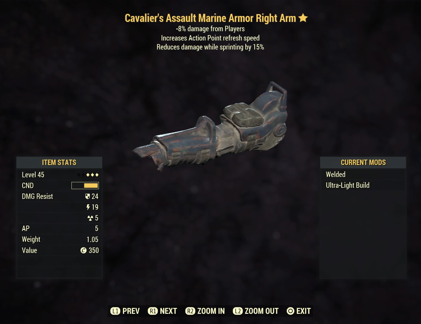 Fallout 76 Cavalier‘s Assault Marine Armor Right Arm- Level 45