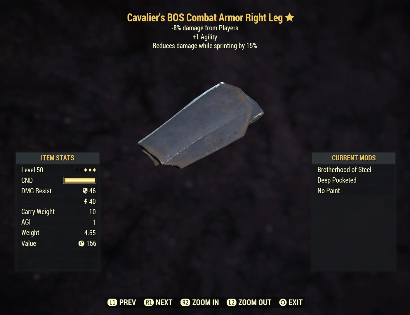 Fallout 76 Cavalier‘s Bos Cambat Armor Right Leg- Level 50