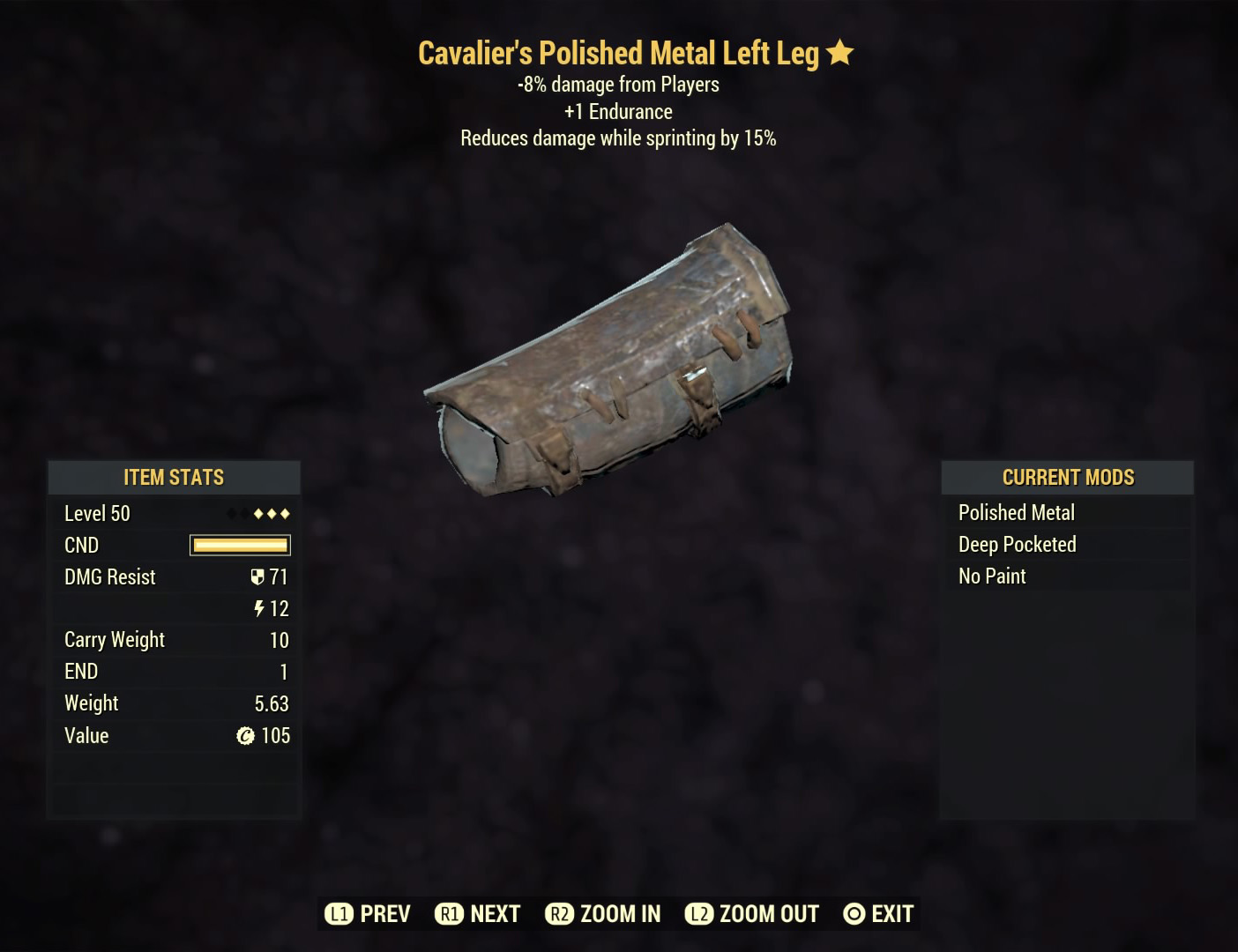 Fallout 76 Cavalier‘s Polished Metal Left Leg- Level 50
