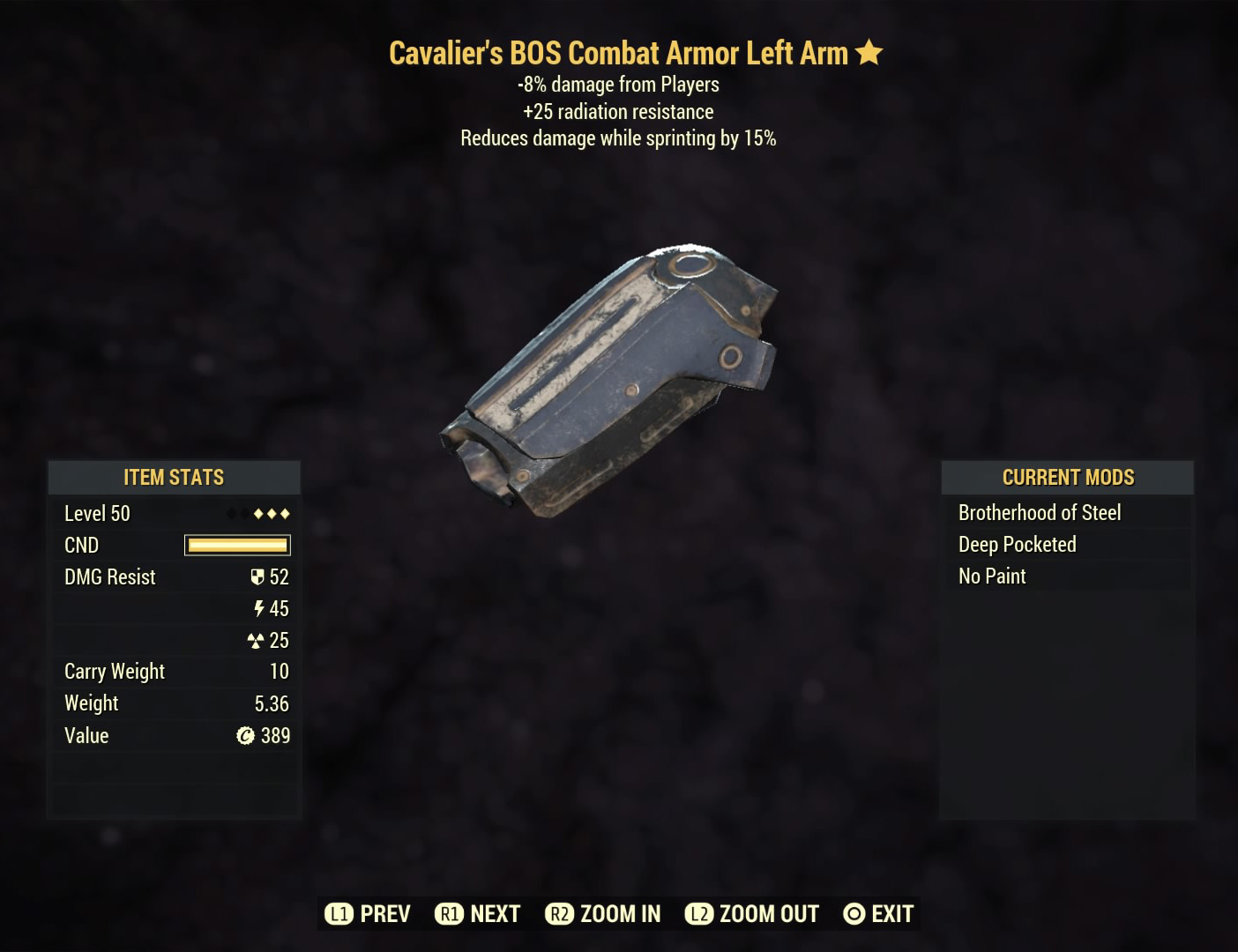 Fallout 76 Cavalier‘s Bos Cambat Armor Left Arm- Level 45