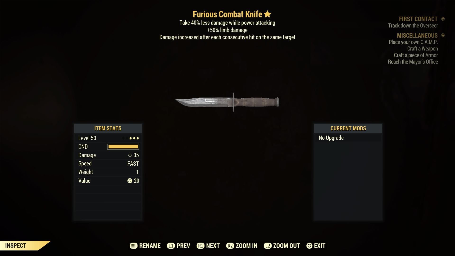 Fallout 76 Furious Combat Knife- Level 50