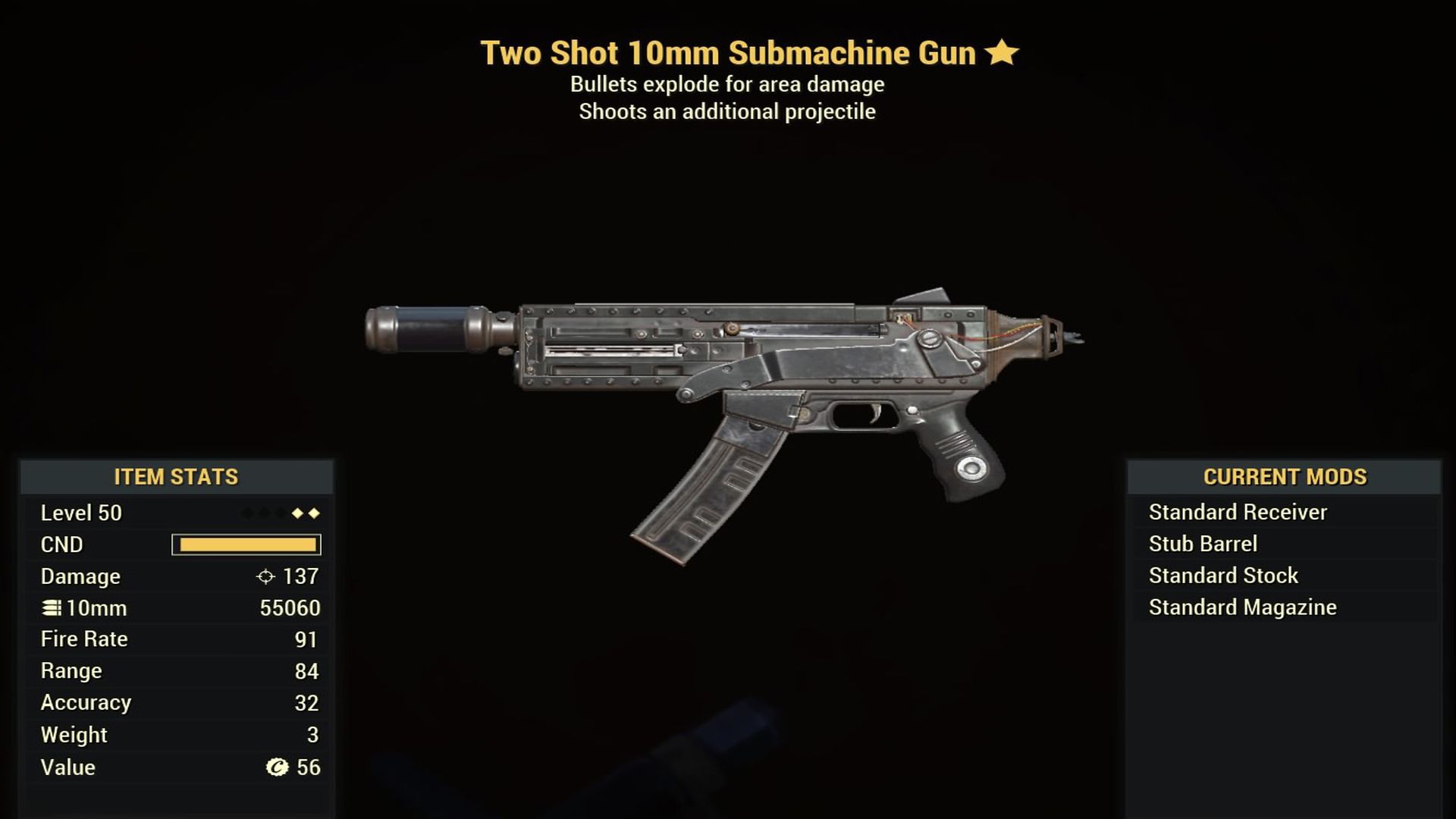 Fallout 76 Two Shot 10mm Submachine Gun - Level 50